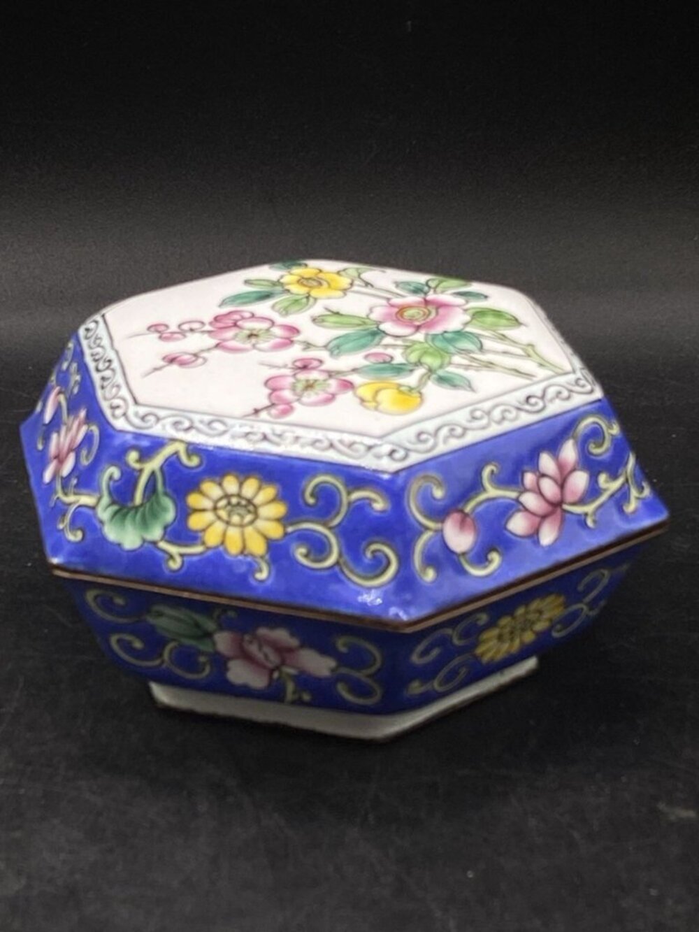 Hexagon Enamel Trinket Box Hand Painted Metal Book Designs Knobler 6 Sides READ